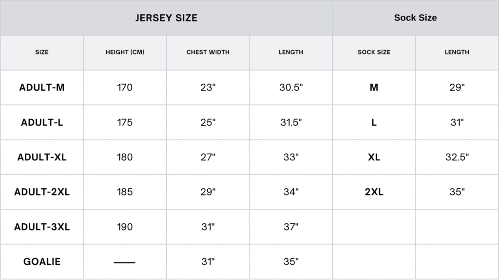 Custom Ice Hockey Jersey Size Chart - Shinny of Champions